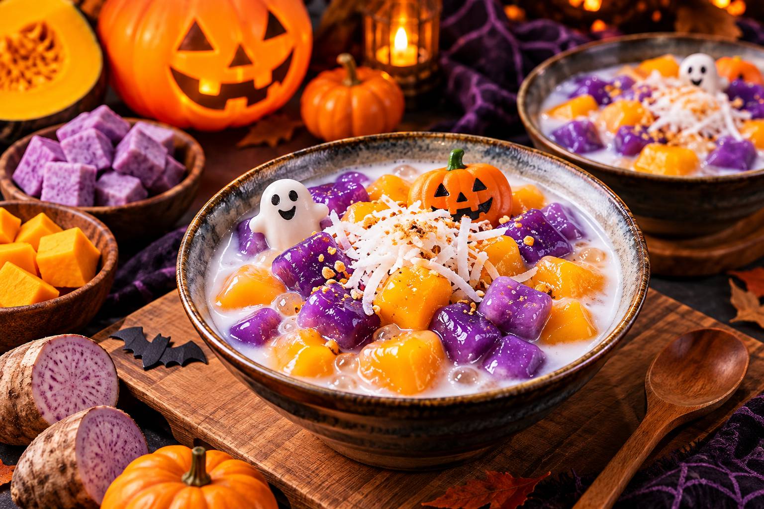 Ch&egrave; Khoai Dẻo Halloween: C&ocirc;ng Thức Hai M&agrave;u V&agrave; Mẹo Kh&ocirc;ng Bị Bở
