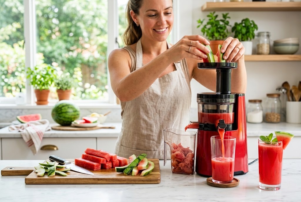 Chú ý từng công đoạn sơ chế nguyên liệu của nước ép dưa hấu để nước ép có màu đỏ trong veo và không bị xơ