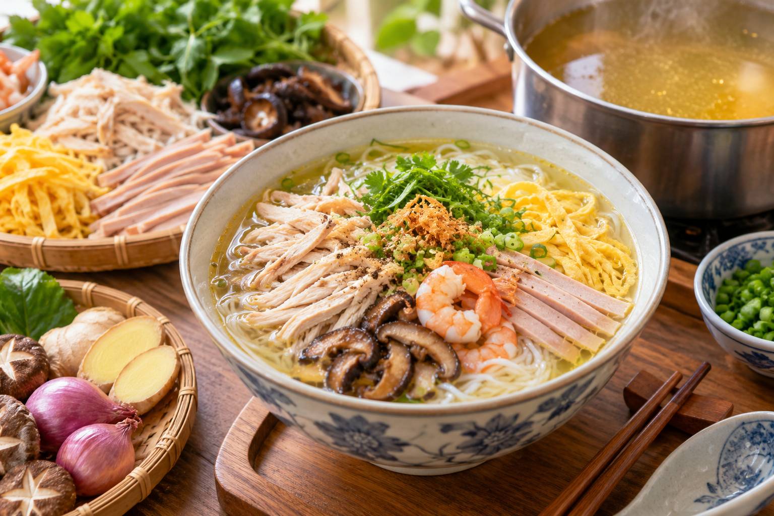 Khâu chuẩn bị nguyên liệu tỉ mỉ từ gà ta, giò lụa, trứng tráng cho đến tôm khô là bước đệm hoàn hảo để nấu bún thang chuẩn vị thơm ngon 