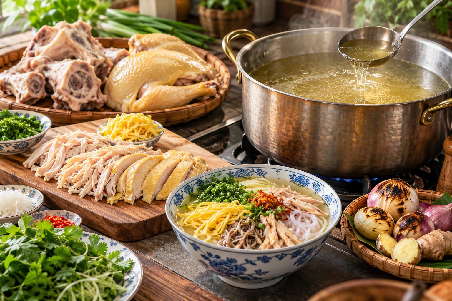 Bí quyết luộc gà lửa nhỏ và liên tục vớt bọt được hướng dẫn chi tiết nhằm đảm bảo bún thang đạt chuẩn tinh tế của ẩm thực Hà Thành