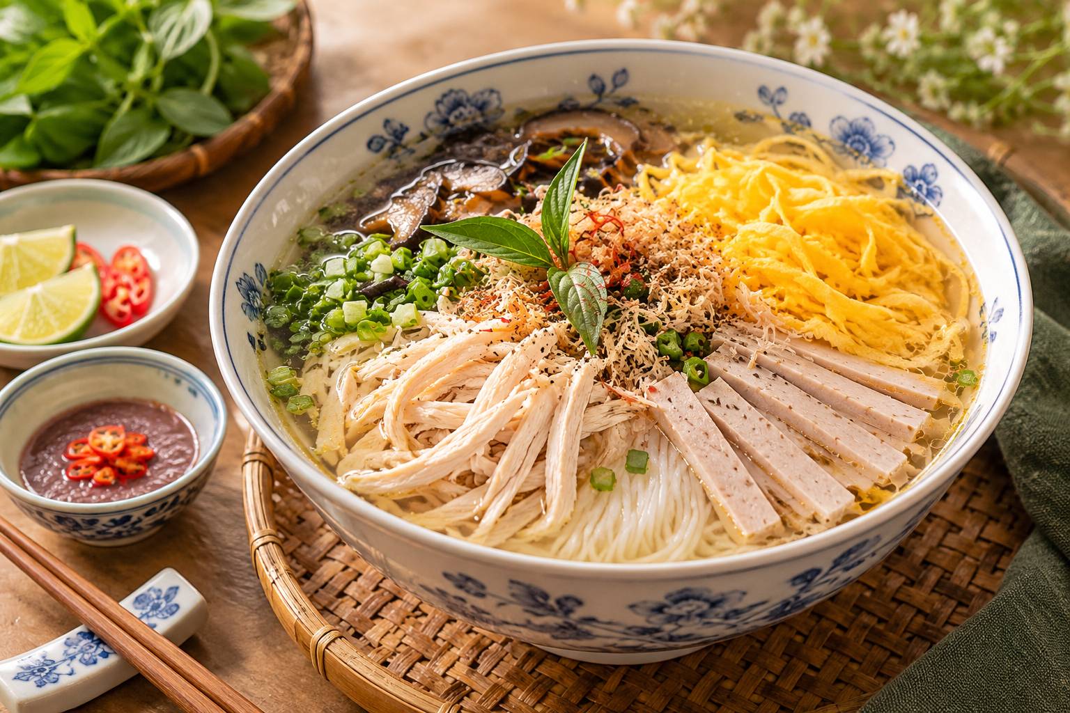 Việc thái chỉ mỏng như tơ các loại nhân ăn kèm đòi hỏi sự khéo léo của người nấu, góp phần hoàn thiện bún thang thêm phần bắt mắt
