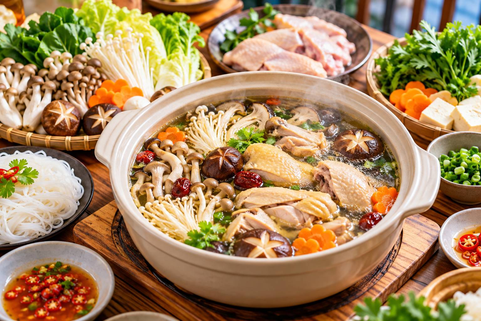 Nước dùng ngọt thanh của lẩu nấm gà dịp 20/10 mang lại cảm giác ấm áp và thư thái cho tất cả các thành viên 