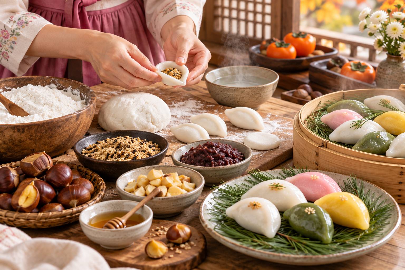 Vỏ bánh được nhào nặn khéo léo từ bột gạo tẻ kết hợp cùng các loại nhân ngọt ngào như đậu xanh, vừng đen và hạt dẻ