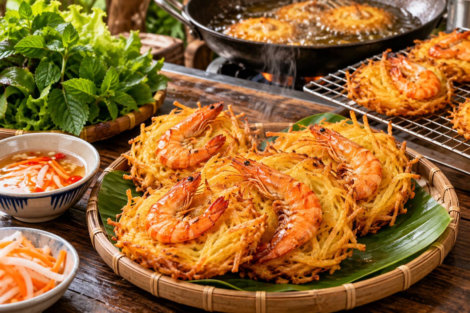 Độ giòn ngon của bánh tôm nhờ kỹ thuật chiên đúng cách với nước chấm đúng vị 