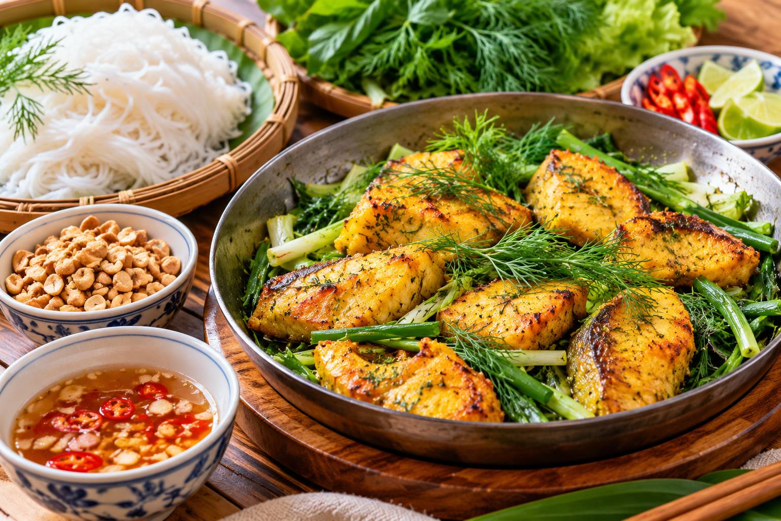 Thành phẩm hoàn hảo là những miếng chả cá vàng ruộm, ngoài giòn trong mềm, quyện cùng sắc xanh của hành hoa và thì là trên chảo nóng
