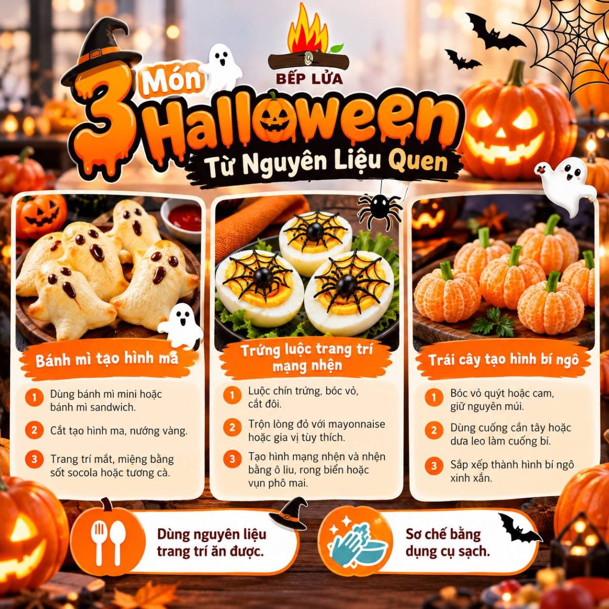 3 món ăn Halloween tự làm gồm bánh mì tạo hình ma, trứng trang trí và đĩa trái cây