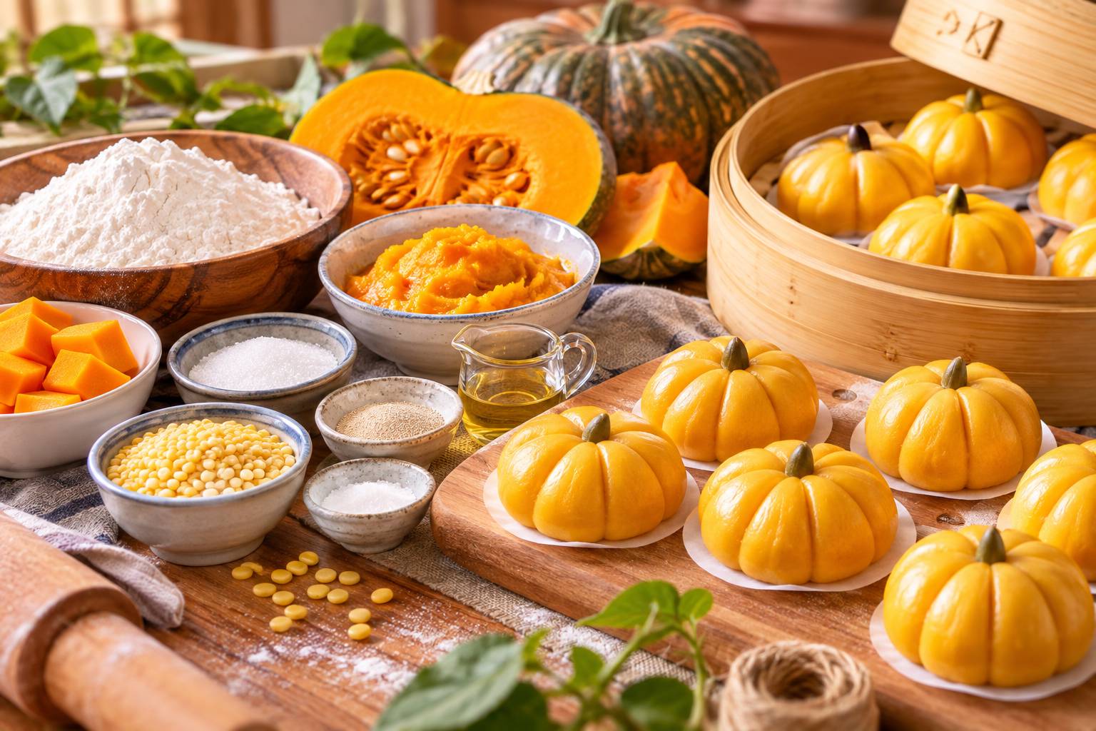 Chuẩn bị nguyên liệu tươi ngon để làm bánh bao bí đỏ Halloween