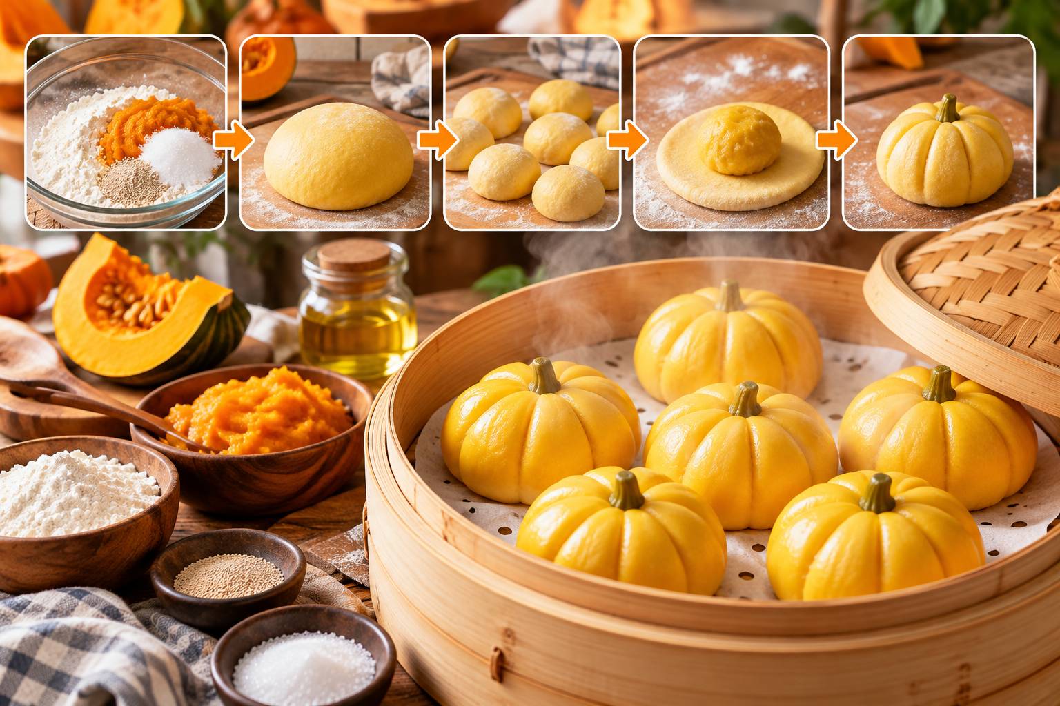 Thực hiện các công đoạn chế biến bánh bao bí đỏ Halloween