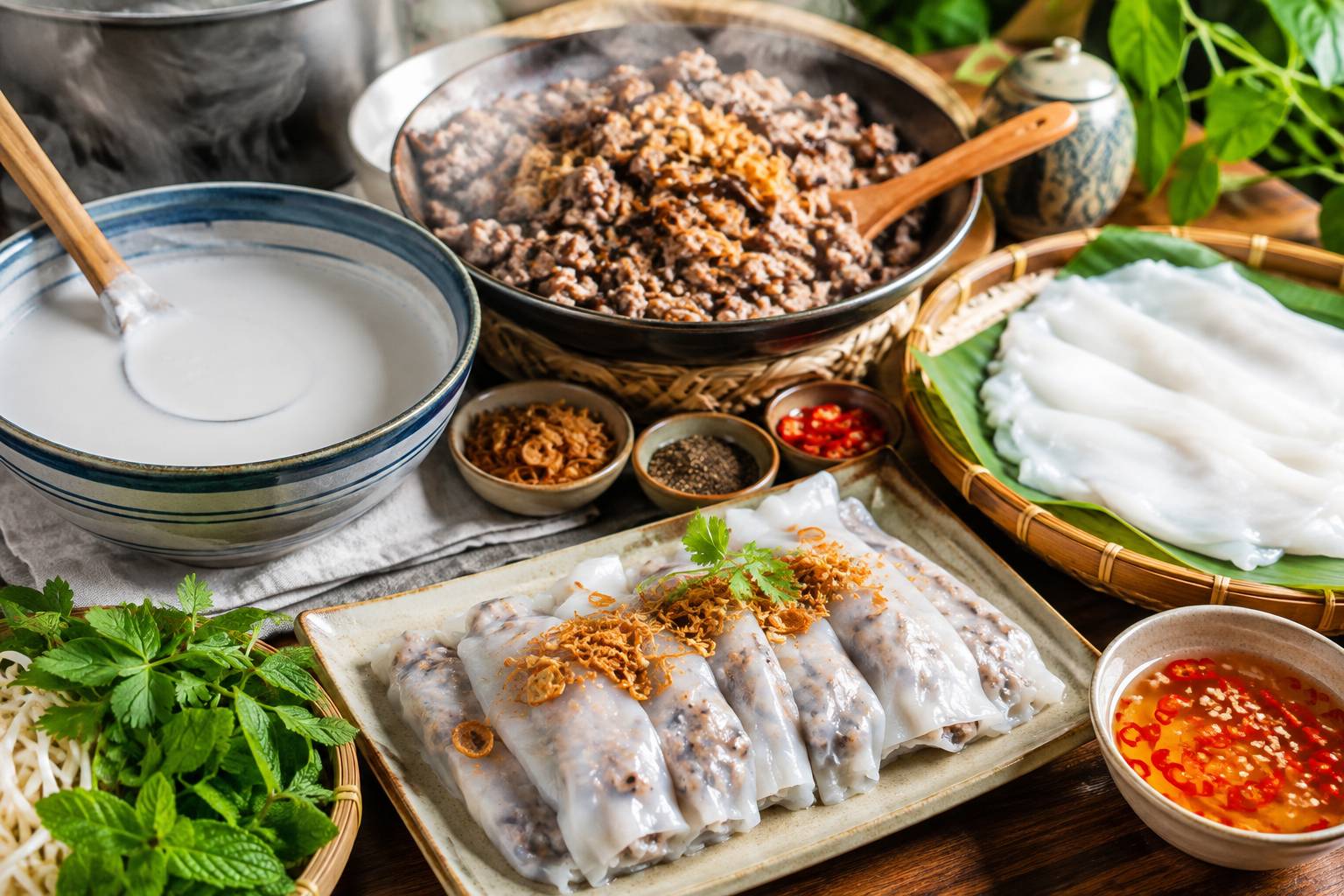 Chuẩn bị nguyên liệu để làm bánh cuốn Hà Nội mỏng mềm, dai mịn tại nhà 
