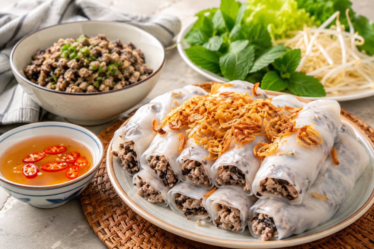 Tỷ lệ pha bột hợp lý, kỹ thuật tráng chảo chống dính chuẩn xác giúp bánh cuốn thơm ngon, chuẩn vị 