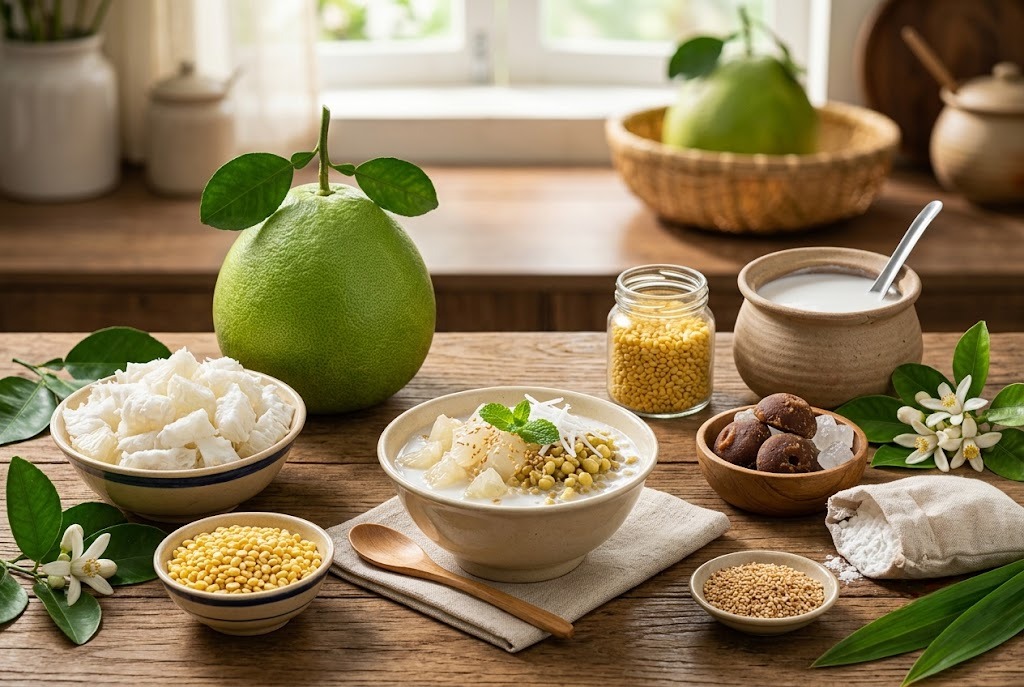 Chuẩn bị nguyên liệu tươi sạch để làm chè bưởi