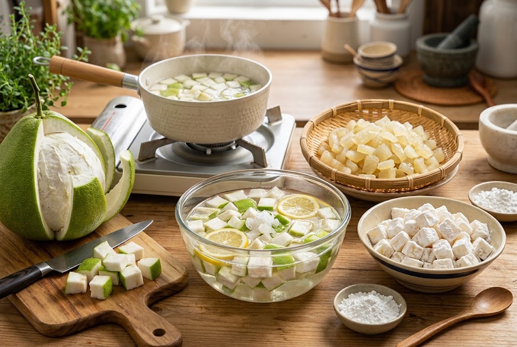 Sơ chế nguyên liệu để làm chè bưởi