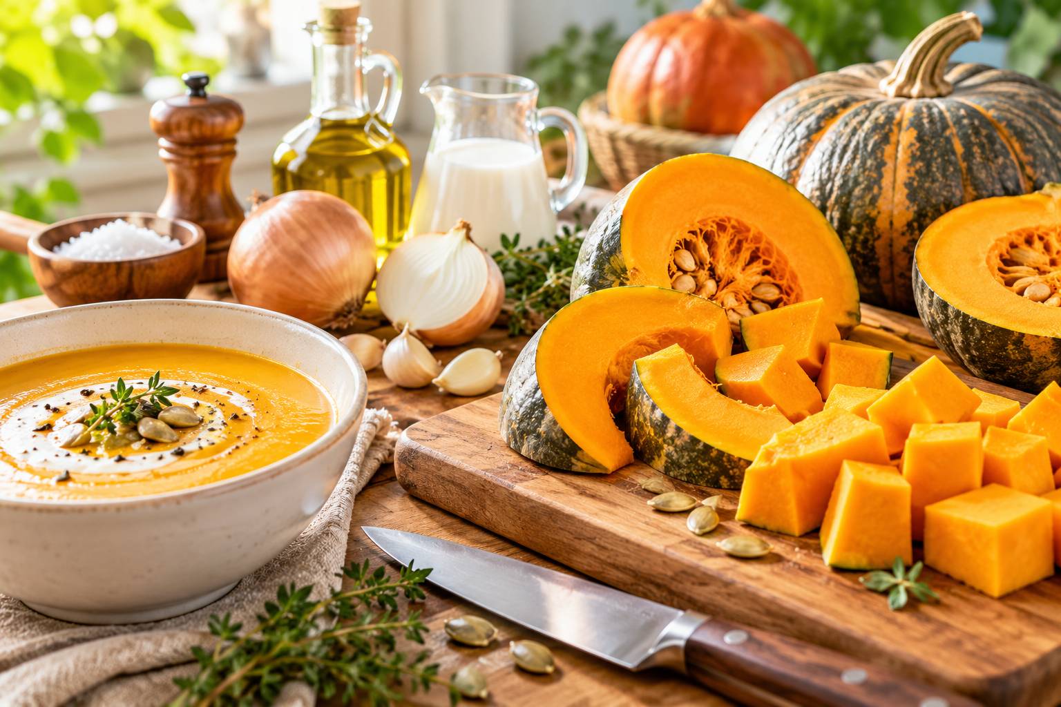Các nguyên liệu làm súp gồm bí đỏ cốt dừa, hành tây và tỏi băm sẵn cho đêm Halloween
